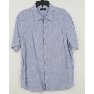 Theory Irving Relaxed Linen Blue White Striped Short Sleeve Button Down Shirt XL